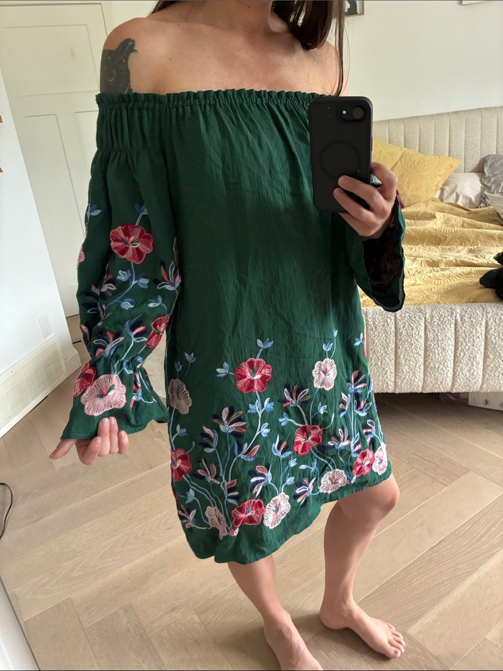 Off-Shoulder Handmade Green Floral Embroidered Dress